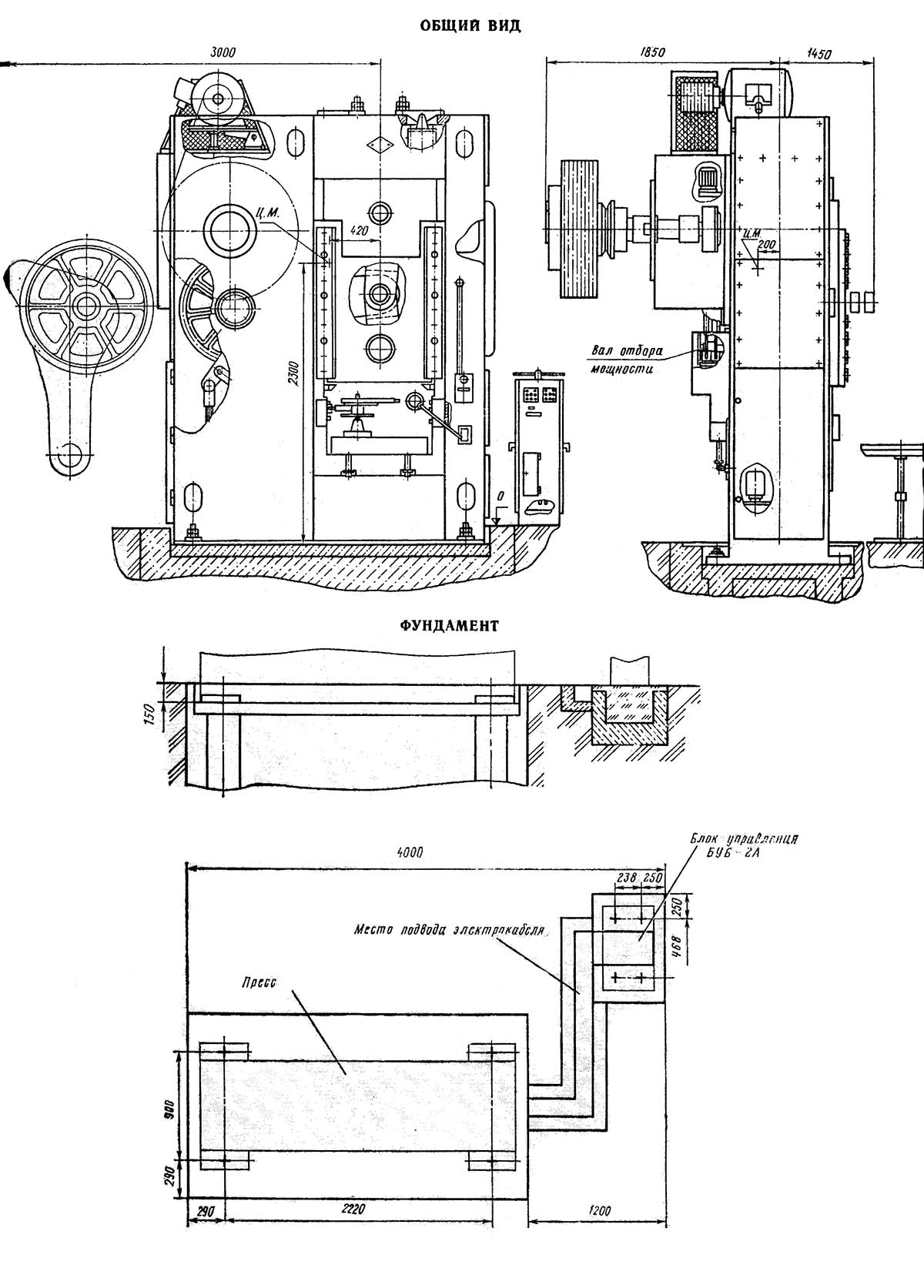 Габаритные розміри робочого простору кривошипно-коленного чеканочного пресса КБ8340
